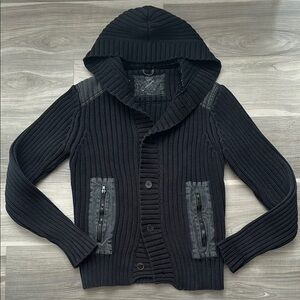 Guess Vintage Black Ribbed Knit Sweater Cardigan with Hood